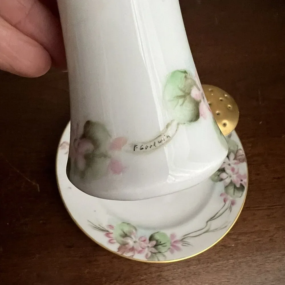 O & EG Royal Austria Salt Pepper Shakers Hand Painted Signed Pink Floral F